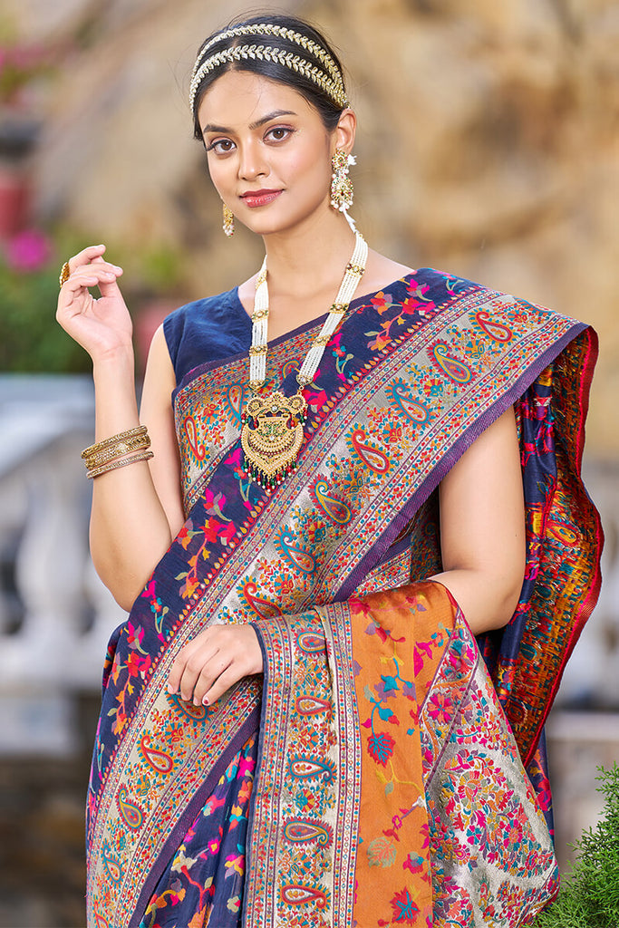 Outstanding Navy Blue Pashmina saree With Snazzy Blouse Piece Bvipul