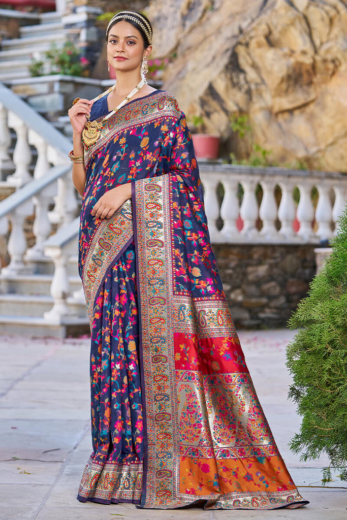 Outstanding Navy Blue Pashmina saree With Snazzy Blouse Piece Bvipul