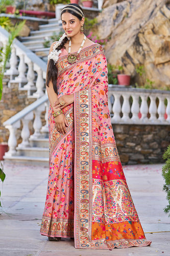 Invaluable Pink Pashmina saree With Palimpsest Blouse Piece Bvipul