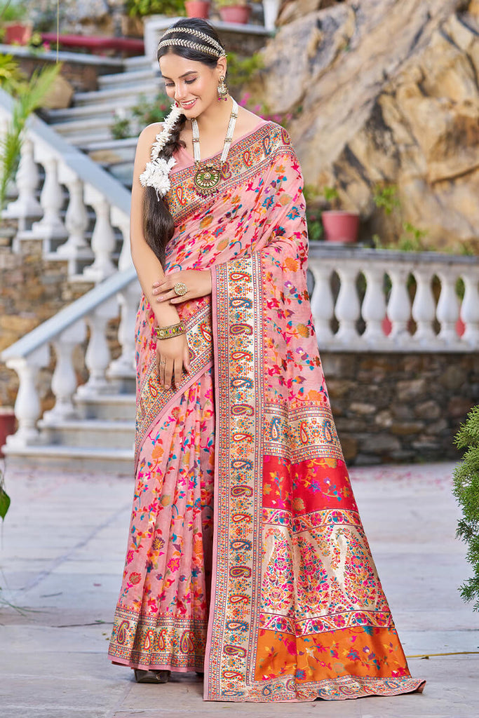 Invaluable Pink Pashmina saree With Palimpsest Blouse Piece Bvipul