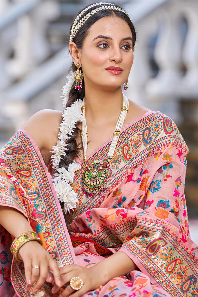 Invaluable Pink Pashmina saree With Palimpsest Blouse Piece Bvipul