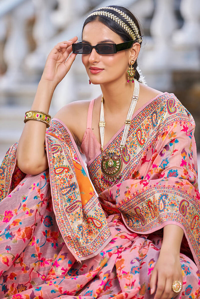 Invaluable Pink Pashmina saree With Palimpsest Blouse Piece Bvipul