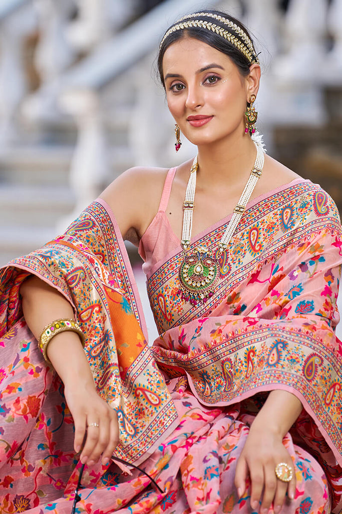 Invaluable Pink Pashmina saree With Palimpsest Blouse Piece Bvipul