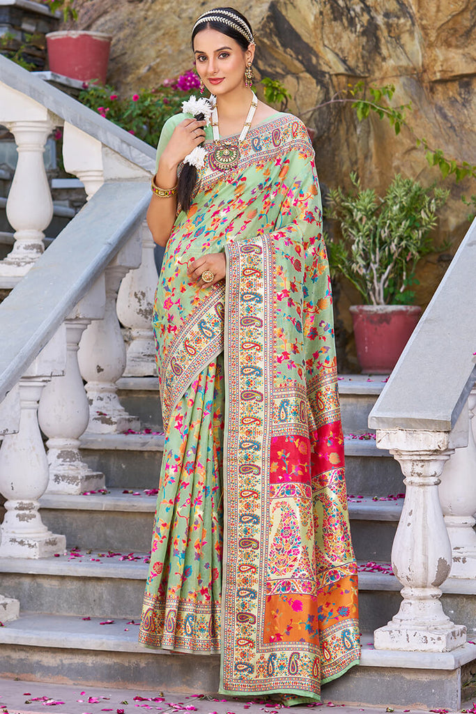 Staring Pista Pashmina saree With Efflorescence Blouse Piece Bvipul