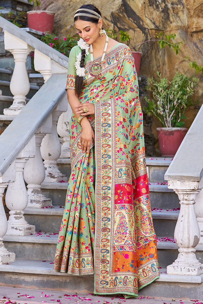 Staring Pista Pashmina saree With Efflorescence Blouse Piece Bvipul