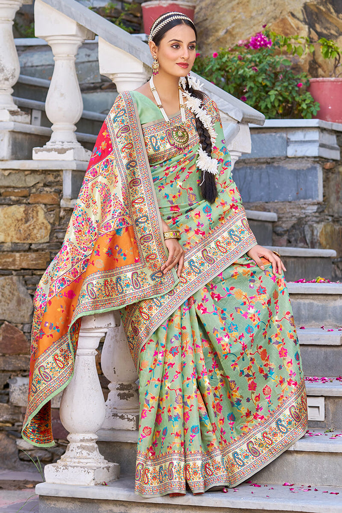 Staring Pista Pashmina saree With Efflorescence Blouse Piece Bvipul