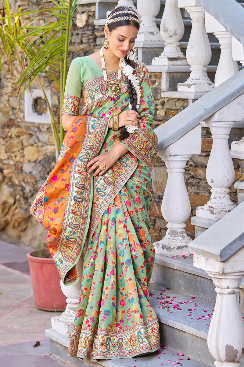 Staring Pista Pashmina saree With Efflorescence Blouse Piece Bvipul Main image