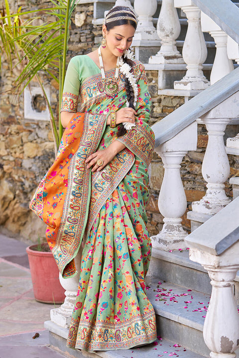 Staring Pista Pashmina saree With Efflorescence Blouse Piece Bvipul Main image