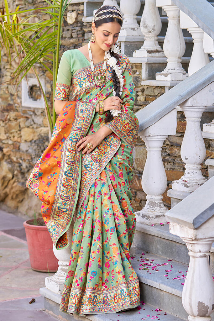 Staring Pista Pashmina saree With Efflorescence Blouse Piece Bvipul