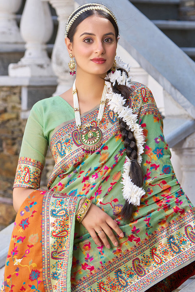 Staring Pista Pashmina saree With Efflorescence Blouse Piece Bvipul