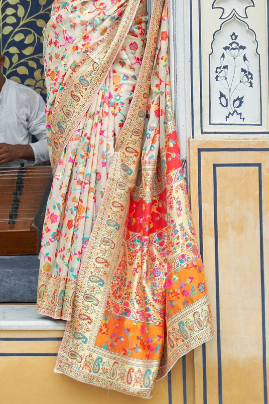 Gratifying Beige Pashmina saree With Panoply Blouse Piece Bvipul