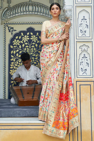 Gratifying Beige Pashmina saree With Panoply Blouse Piece Bvipul