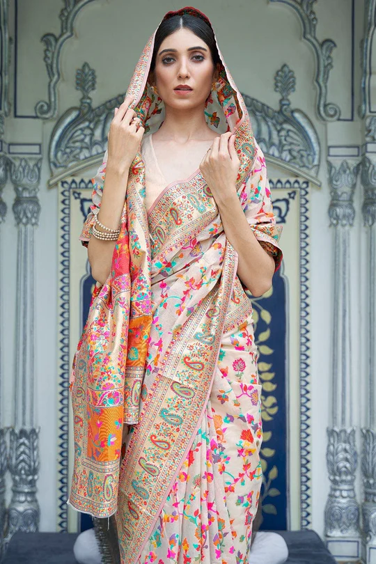 Gratifying Beige Pashmina saree With Panoply Blouse Piece Bvipul