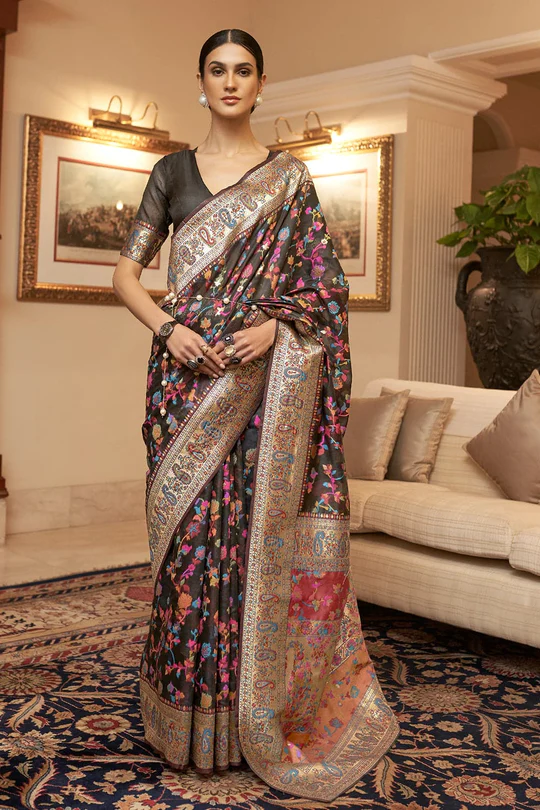 Elaborate Black Pashmina saree With Transcendent Blouse Piece Bvipul Main image