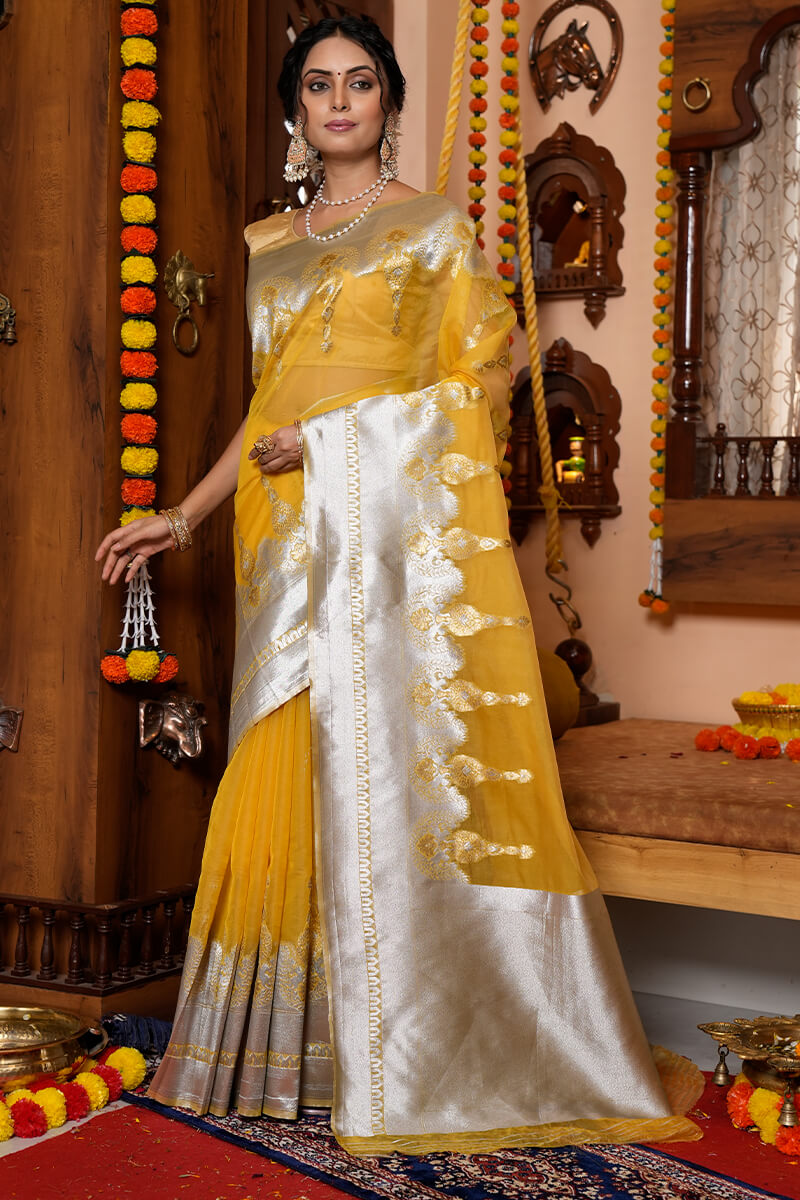 Murmurous Mustard Organza Silk Saree With Scintilla Blouse Piece Bvipul Main image