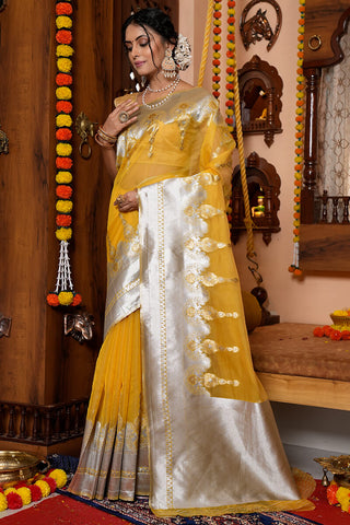 Murmurous Mustard Organza Silk Saree With Scintilla Blouse Piece Bvipul