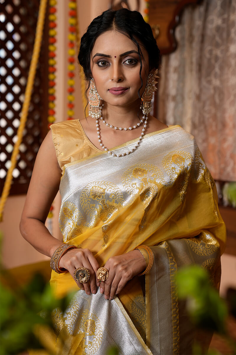 Murmurous Mustard Organza Silk Saree With Scintilla Blouse Piece Bvipul