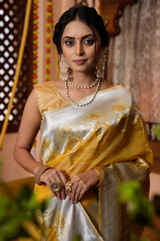 Murmurous Mustard Organza Silk Saree With Scintilla Blouse Piece Bvipul