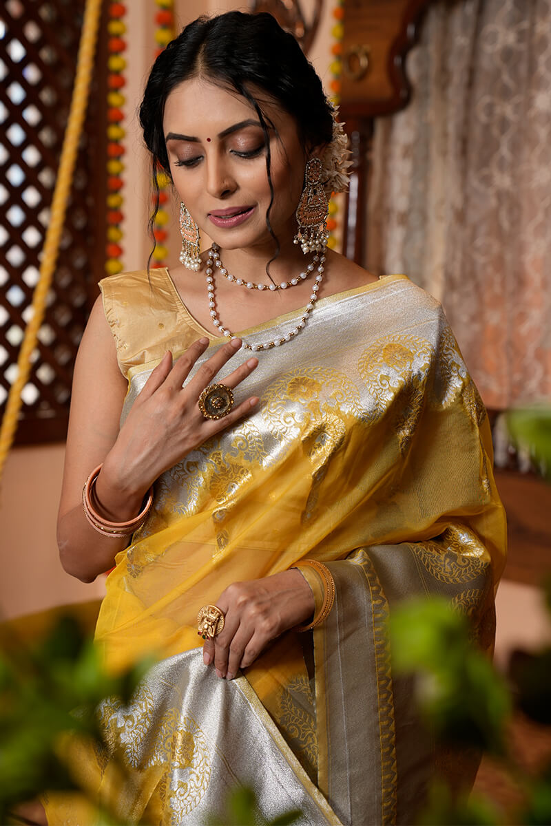 Murmurous Mustard Organza Silk Saree With Scintilla Blouse Piece Bvipul