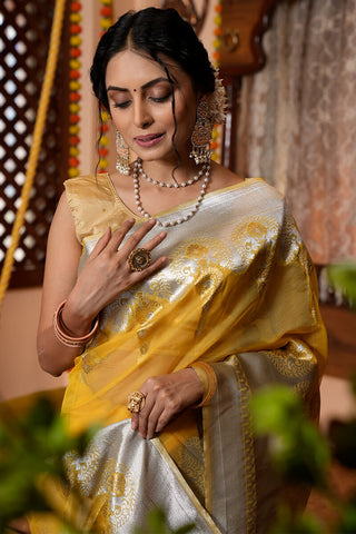 Murmurous Mustard Organza Silk Saree With Scintilla Blouse Piece Bvipul