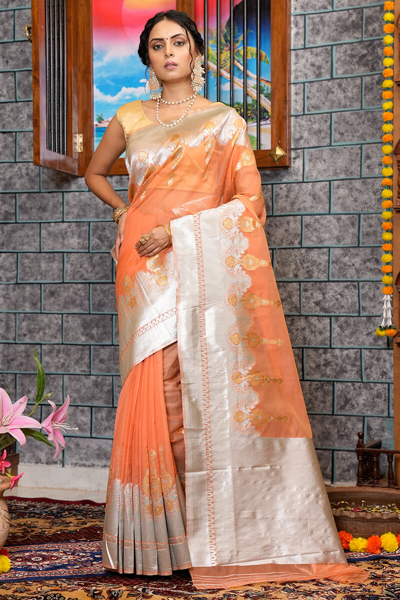 Quintessential Orange Organza Silk Saree With Smashing Blouse Piece Bvipul Main image