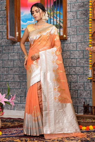 Quintessential Orange Organza Silk Saree With Smashing Blouse Piece Bvipul