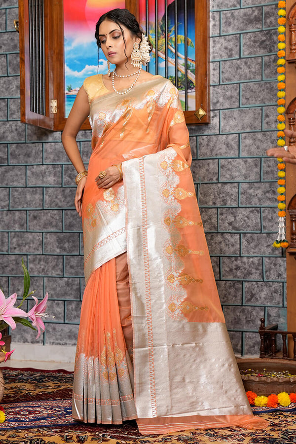 Quintessential Orange Organza Silk Saree With Smashing Blouse Piece Bvipul
