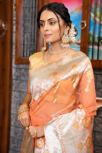 Quintessential Orange Organza Silk Saree With Smashing Blouse Piece Bvipul