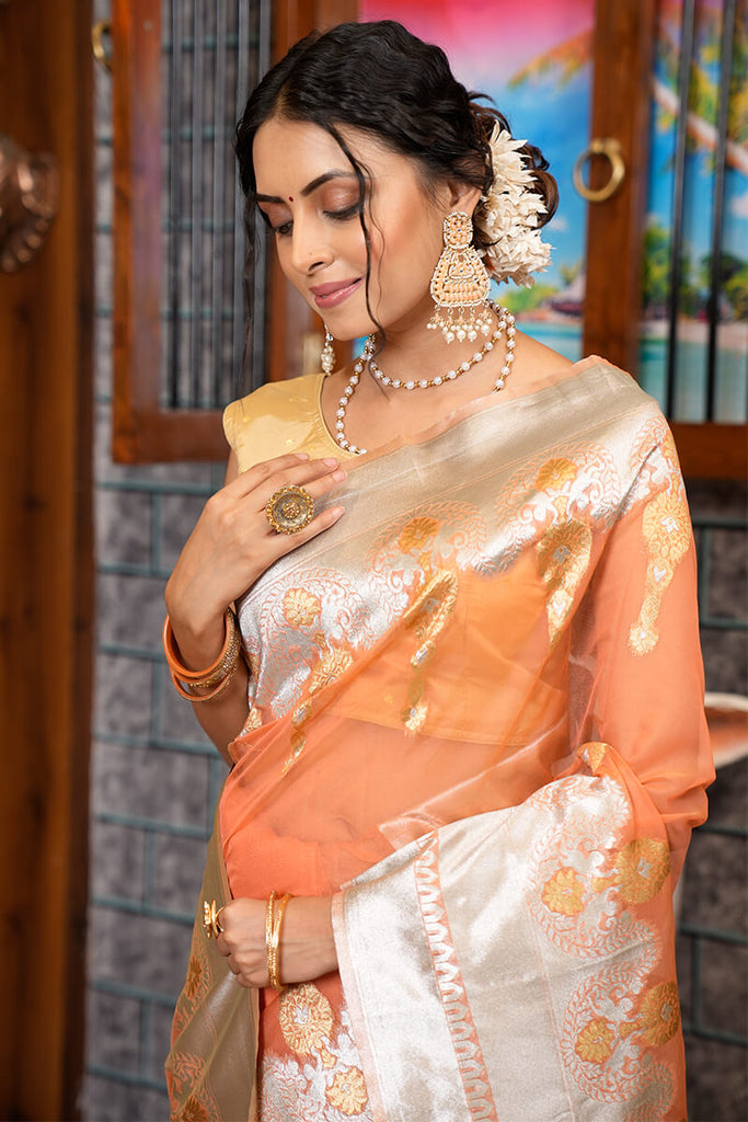 Quintessential Orange Organza Silk Saree With Smashing Blouse Piece Bvipul