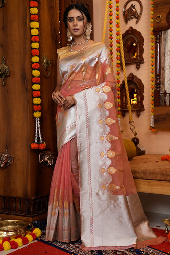 Glittering Peach Organza Silk Saree With Susurrous Blouse Piece Bvipul