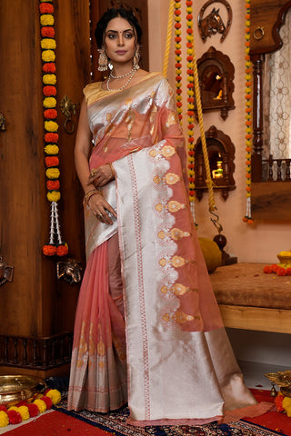 Glittering Peach Organza Silk Saree With Susurrous Blouse Piece Bvipul