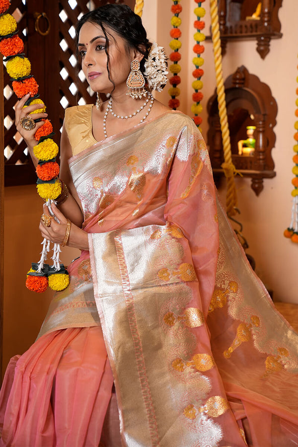 Glittering Peach Organza Silk Saree With Susurrous Blouse Piece Bvipul
