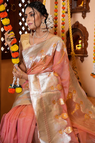 Glittering Peach Organza Silk Saree With Susurrous Blouse Piece Bvipul