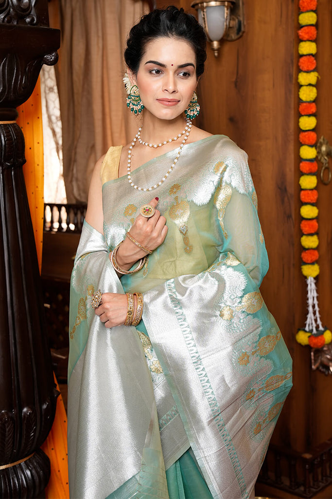 Vestigial Sea Green Organza Silk Saree With Woebegone Blouse Piece Bvipul