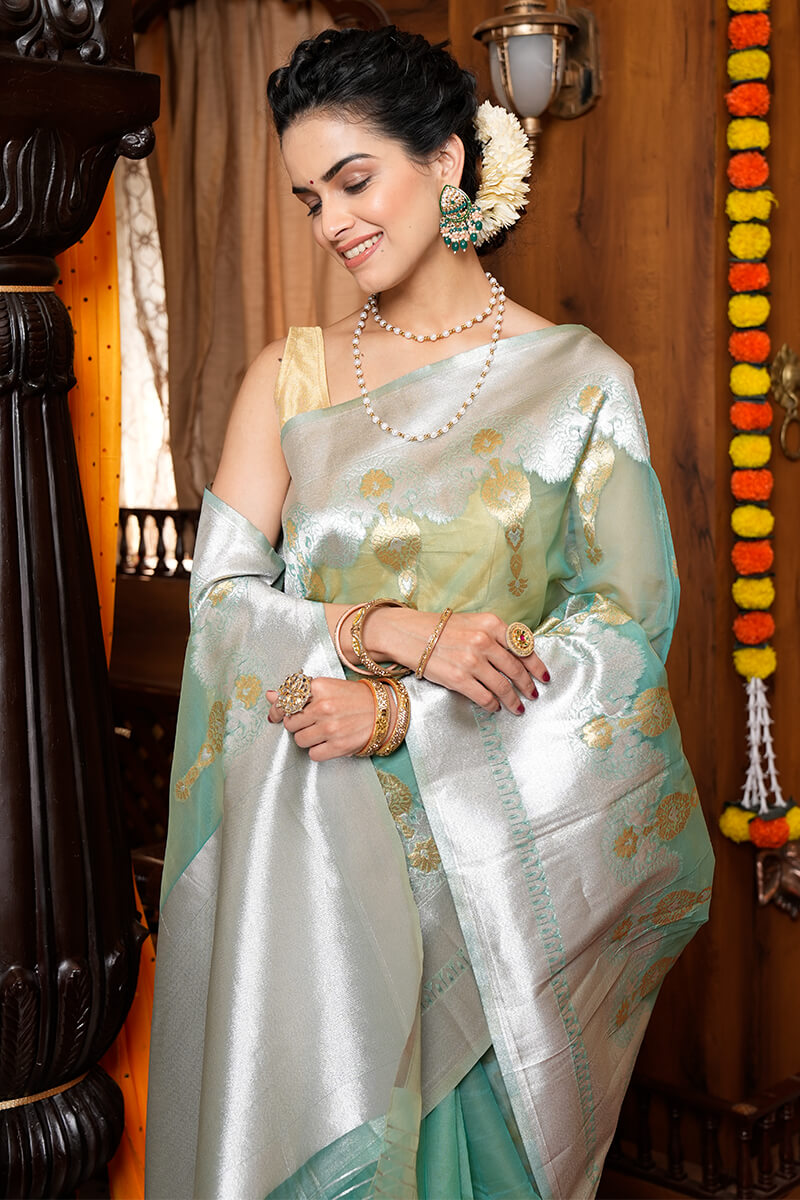 Vestigial Sea Green Organza Silk Saree With Woebegone Blouse Piece Secondary image