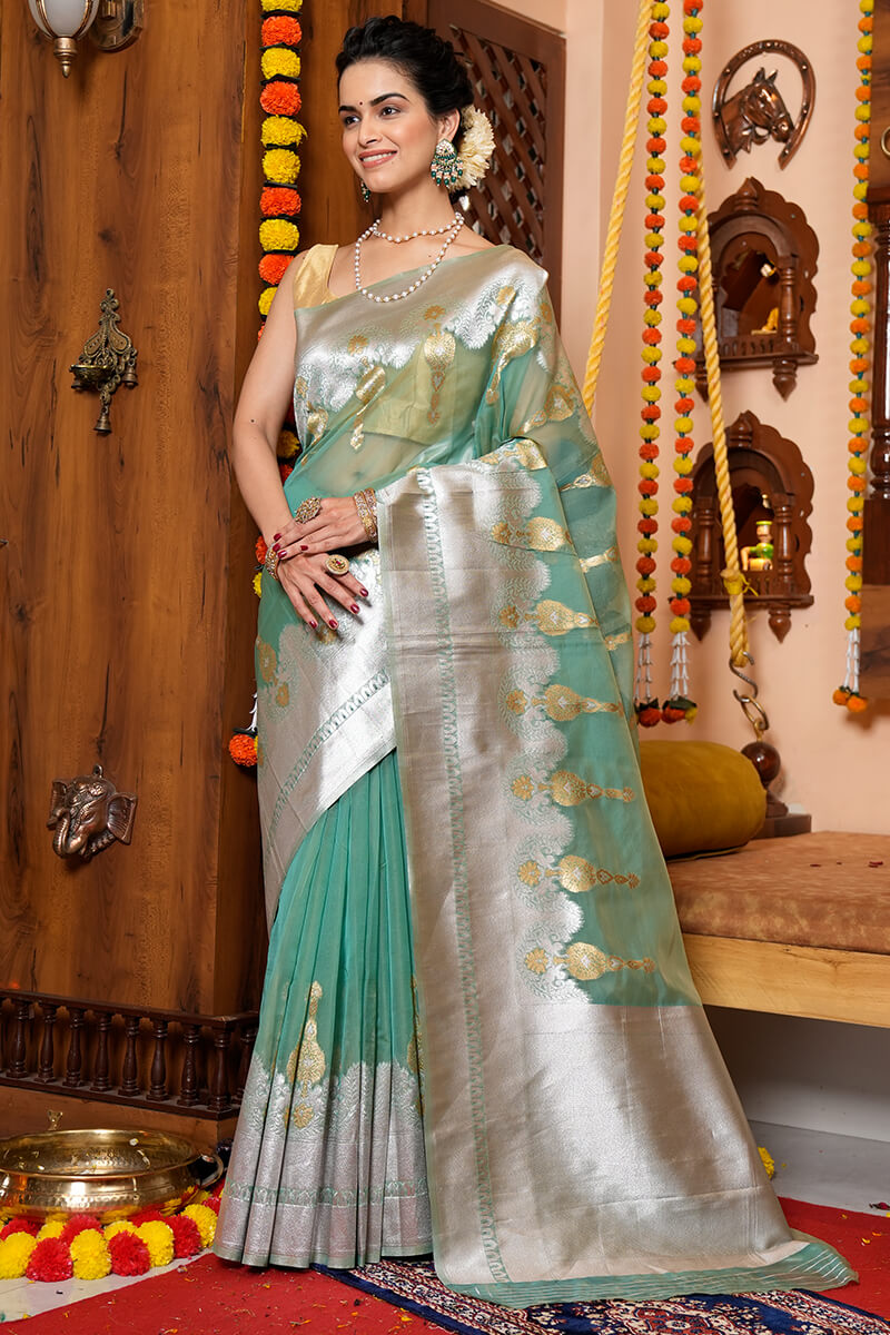 Vestigial Sea Green Organza Silk Saree With Woebegone Blouse Piece Bvipul