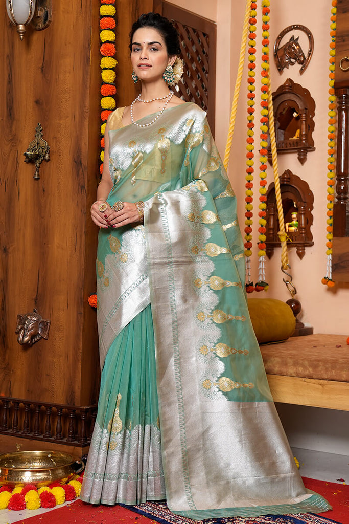 Vestigial Sea Green Organza Silk Saree With Woebegone Blouse Piece Bvipul