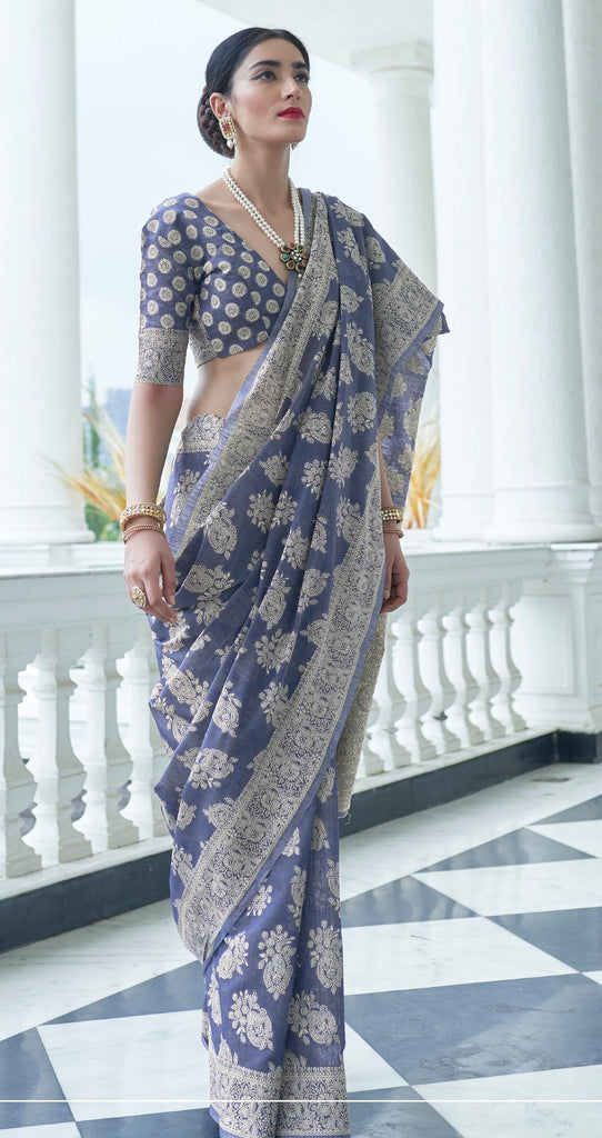 Woebegone Flattering Blue Lucknowi Silk Saree With Entrancing Blouse Piece Bvipul