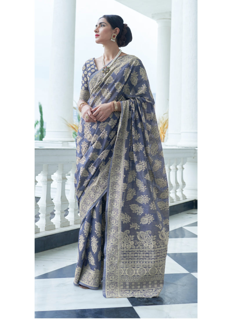 Woebegone Flattering Blue Lucknowi Silk Saree With Entrancing Blouse Piece Bvipul Main image