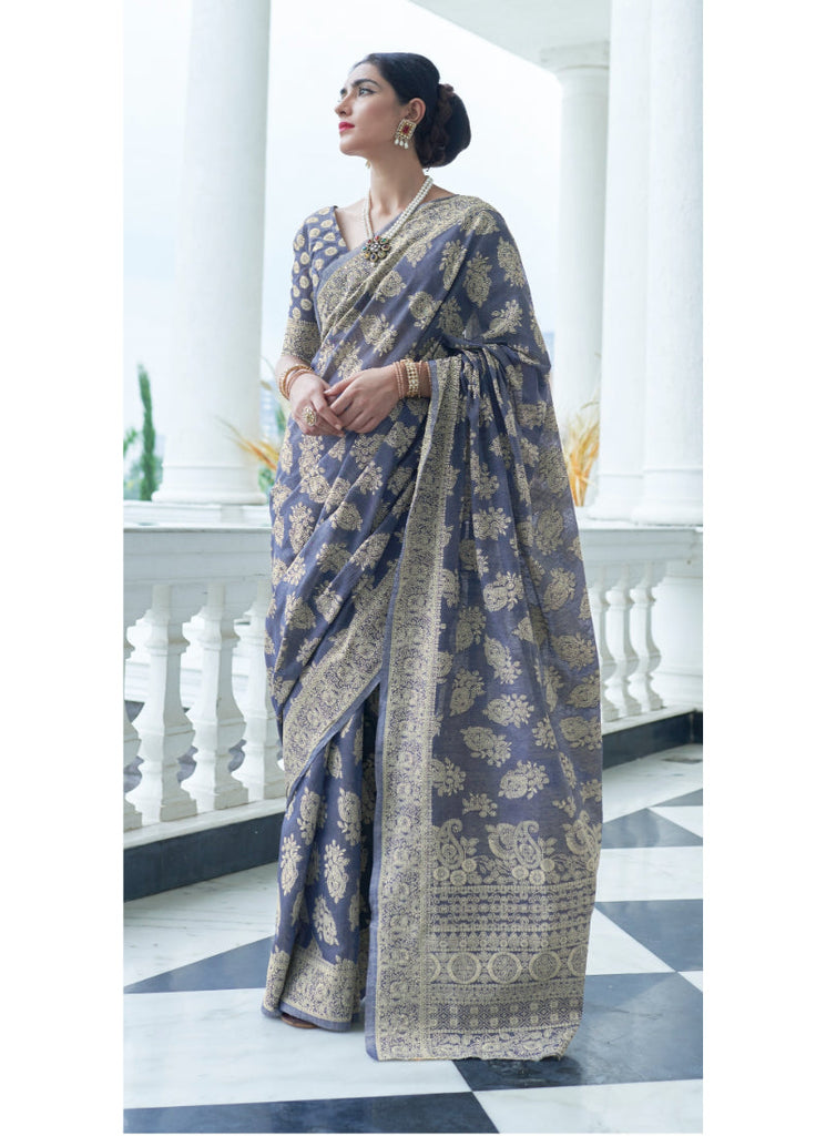 Woebegone Flattering Blue Lucknowi Silk Saree With Entrancing Blouse Piece Bvipul