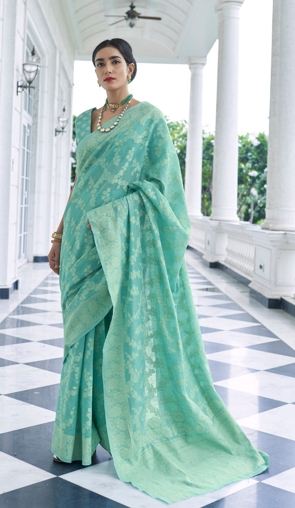 Woebegone Turquoise Lucknowi Silk Saree and Inspiring Blouse Piece Bvipul