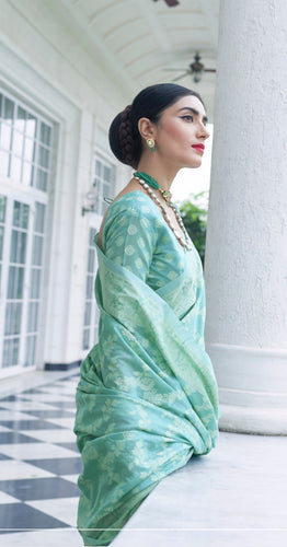 Woebegone Turquoise Lucknowi Silk Saree and Inspiring Blouse Piece Bvipul