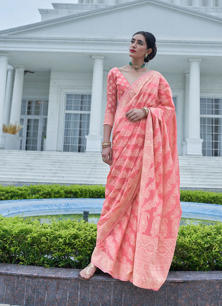 Unique Peach Lucknowi Silk Saree With Flameboyant Blouse Piece Bvipul