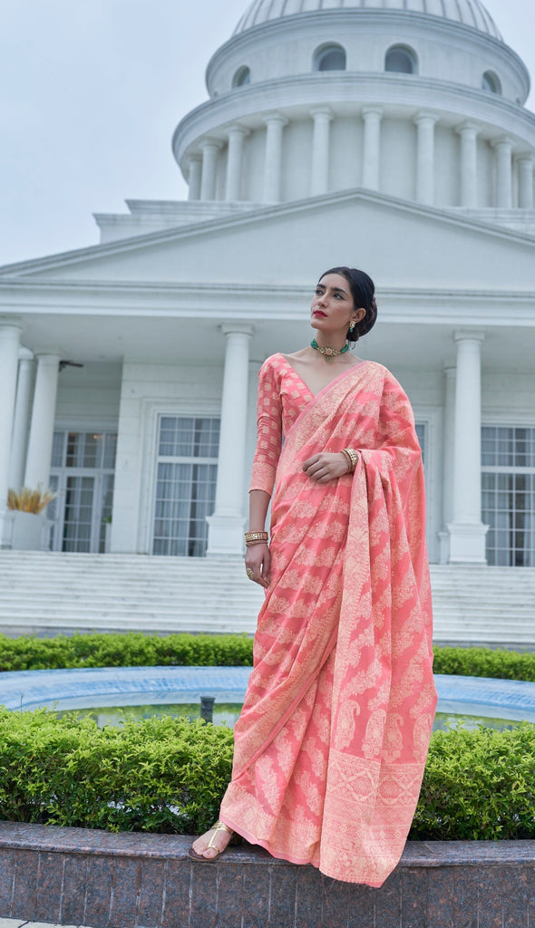 Unique Peach Lucknowi Silk Saree With Flameboyant Blouse Piece Bvipul