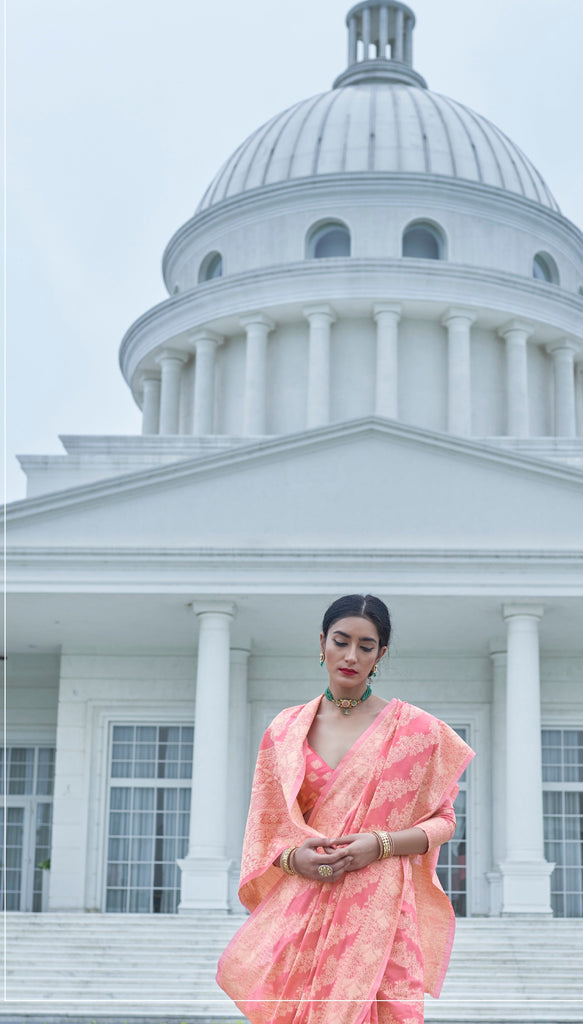 Unique Peach Lucknowi Silk Saree With Flameboyant Blouse Piece Bvipul