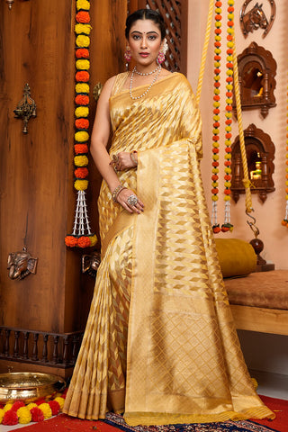 Magnetic Golden Organza Silk Saree With Pleasurable Blouse Piece Bvipul