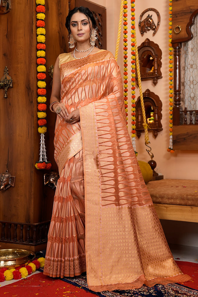 Buy Peach Zari Weaving Silk Saree With Blouse Online At Zeel Clothing