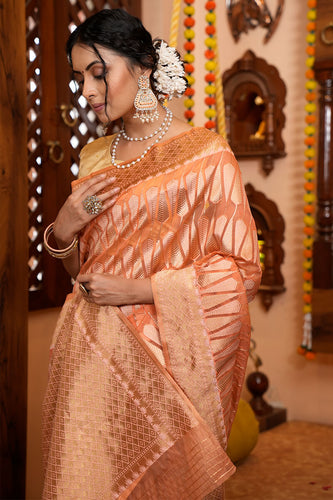 Smashing Peach Organza Silk Saree With Incredible Blouse Piece Bvipul