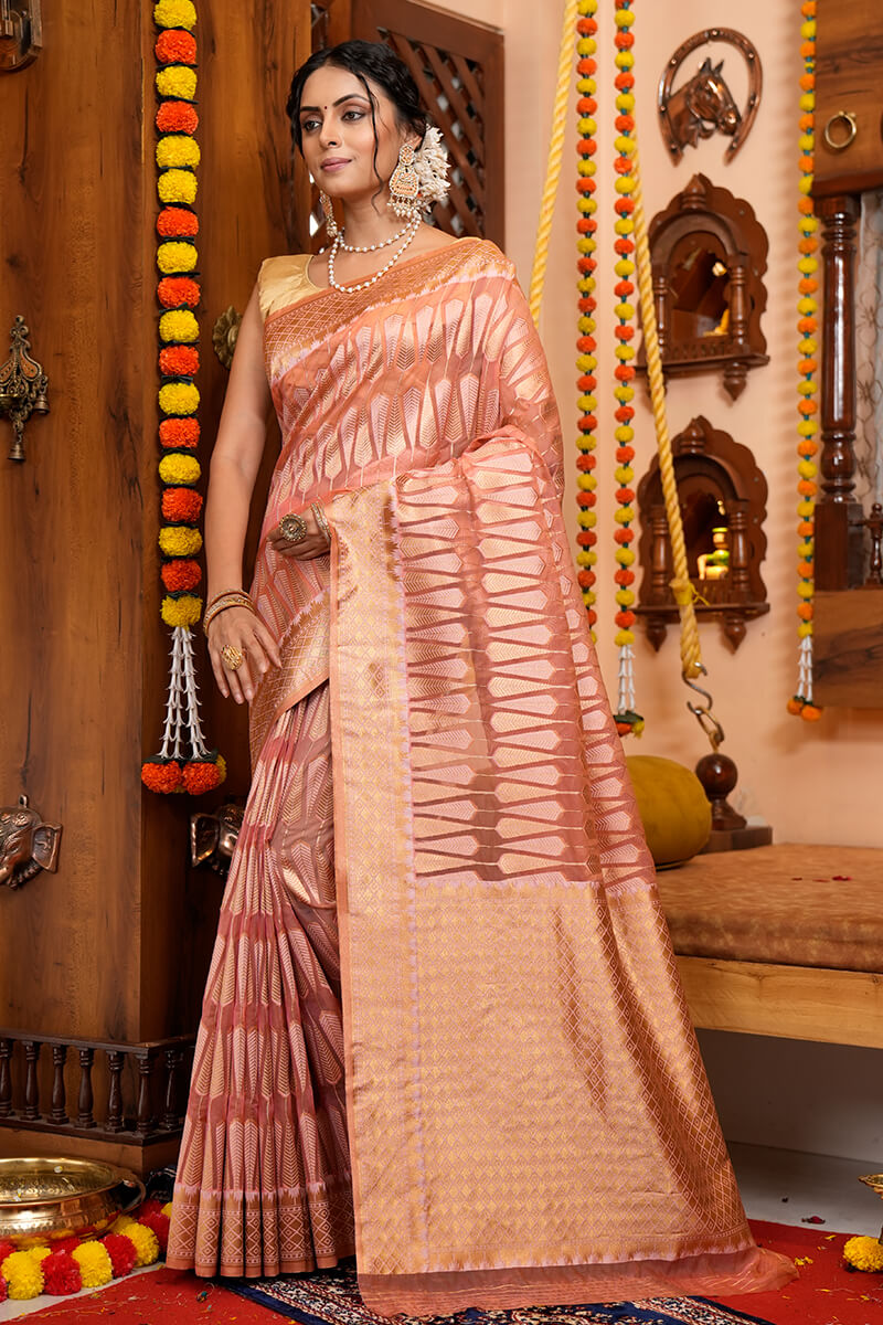 Felicitous Pink Organza Silk Saree With Snappy Blouse Piece Bvipul