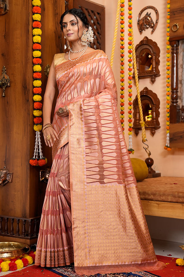 Felicitous Pink Organza Silk Saree With Snappy Blouse Piece Bvipul